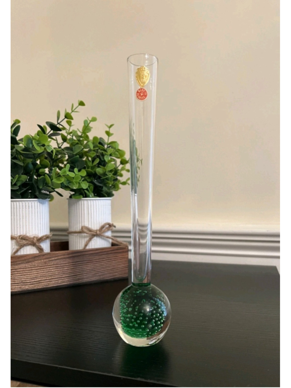 MCM Holmegaard Glass Vase: Green Controlled Bubble Design, Made In Denmark 1960s